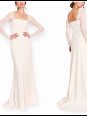 Lulu's Ivory Square-Neck Maxi Gown with Sheer Long Sleeves
